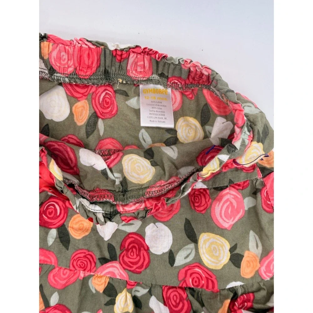Gymboree‎ Tiered Ruffle Skirt Girls 12-18M Olive Green Rose Floral Cotton Bow
